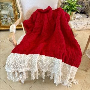 Red and White Knitted Throw Blanket with tassels